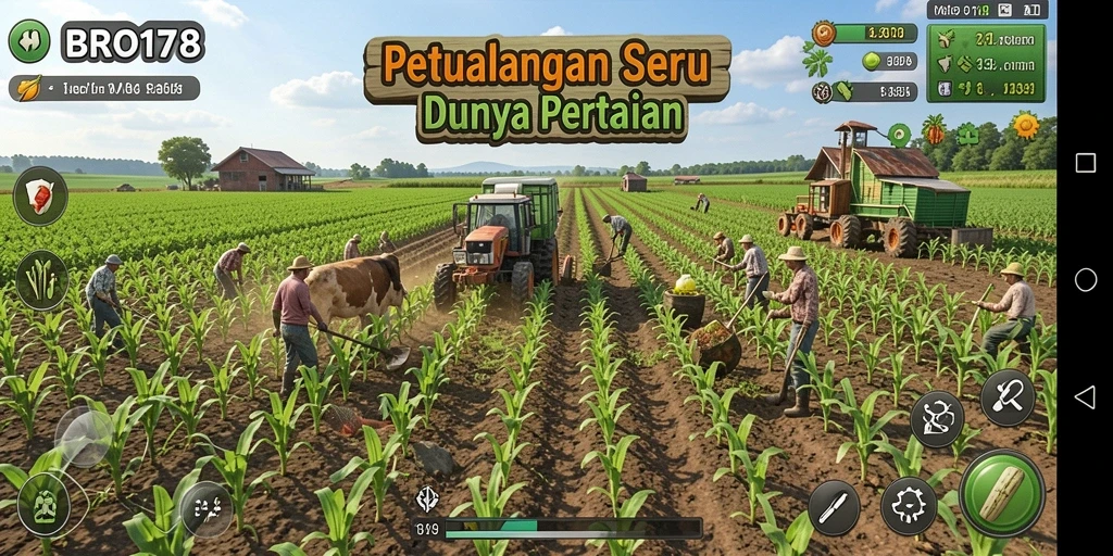Tangkapan layar permainan BRO178 menunjukkan aktivitas bertani yang seru.
