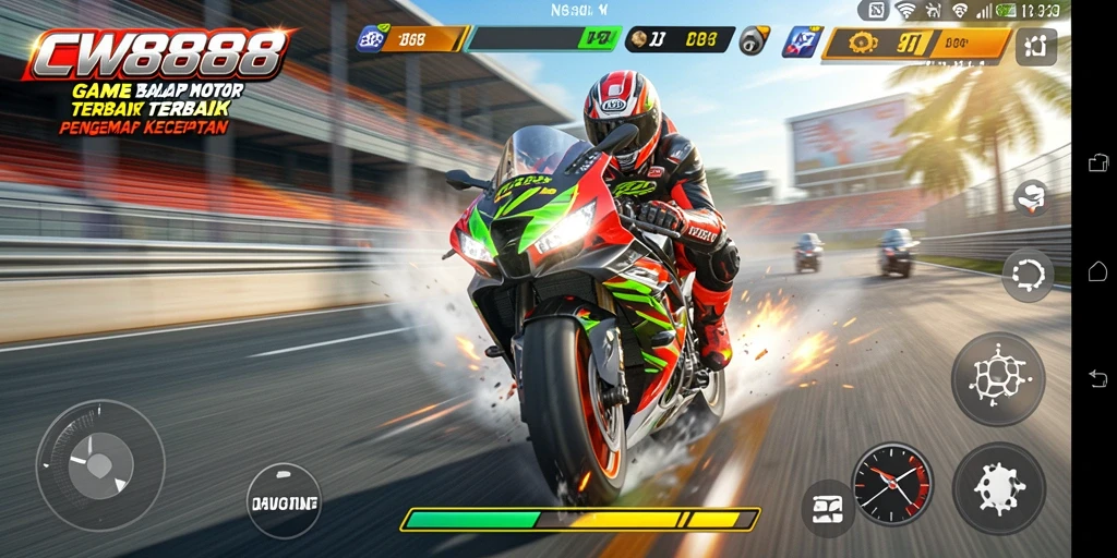 Screenshot CW8888 menampilkan aksi balap motor yang mendebarkan.