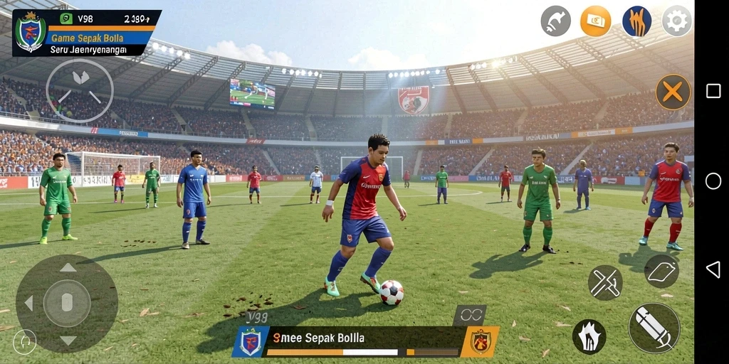 Tampilan gameplay V98 yang menampilkan aksi pertandingan sepak bola.